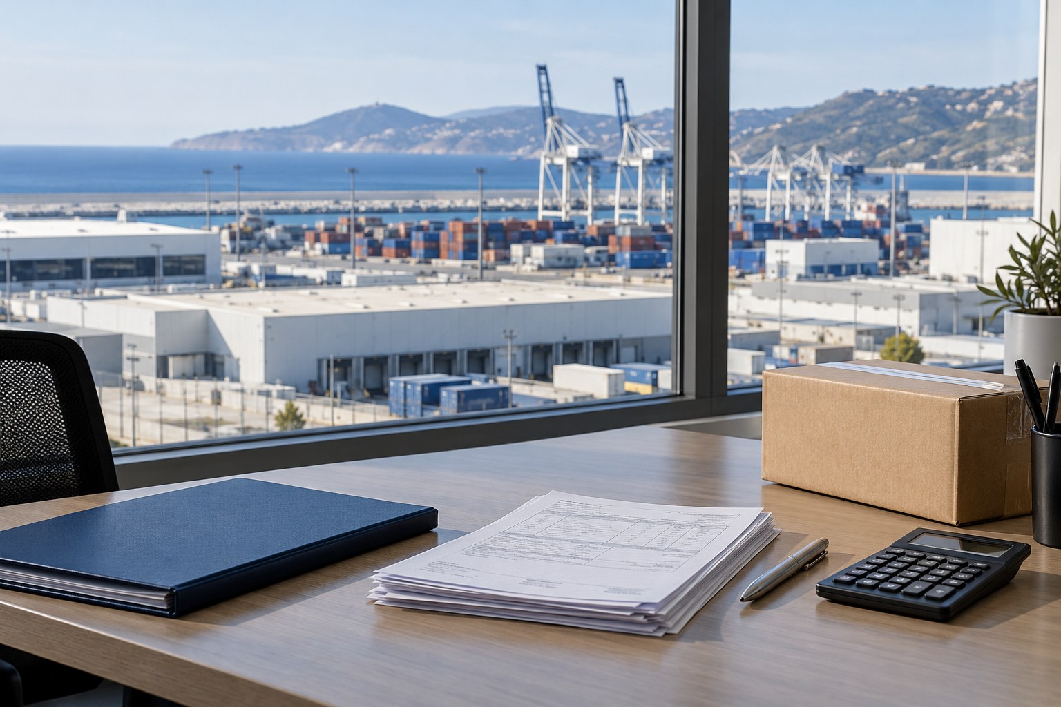 Documents de transport et colis, vue sur le port · illustration générée par IA